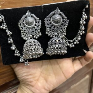 Chand Oxidized kaanchain jhumka ( black/  kaanchain / silver / Oxidized)