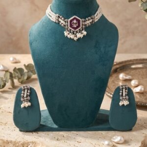 Sitara oxidized Red /pink choker necklace ( Silver / oxidized / pink /red  /pearl /choker)