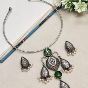 Antara Silver hasli Necklace ( Oxidized / Silver / green / multi)