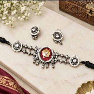 Rashika oxidized Red /pink choker necklace ( Silver / oxidized / pink /red  /pearl /choker)