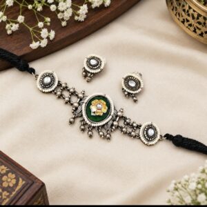 Rashika oxidized Green choker necklace ( Silver / oxidized / green /pearl /choker)