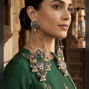 Siya Oxidized jhumka ( Silver / oxidized/ Green color)